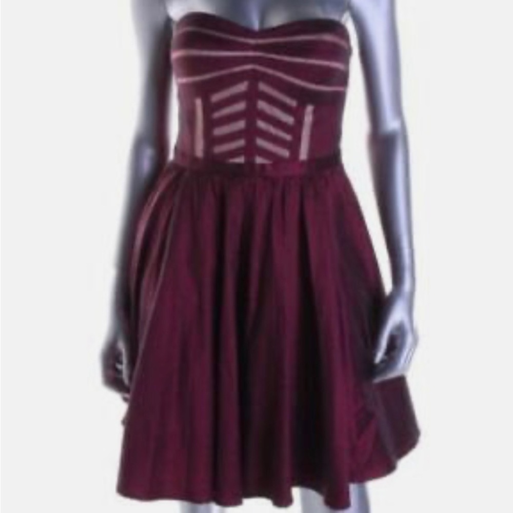 AQUA ~ Berry Purple Taffeta Strapless Illusion Fit & Flare Party Dress NEW